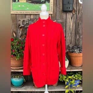 Sears size 44 Large bright red Knit cable cardigan sweater with pockets.